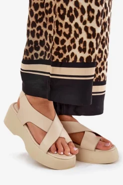 Sandały Damskie Na Platformie I Koturnie Eko Skórzane Beżowe Tenzorus