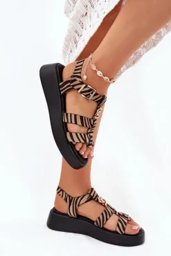 Sandały Damskie Na Platformie Ze Złotym Detalem Zebra Beżowo-Czarne Fevire