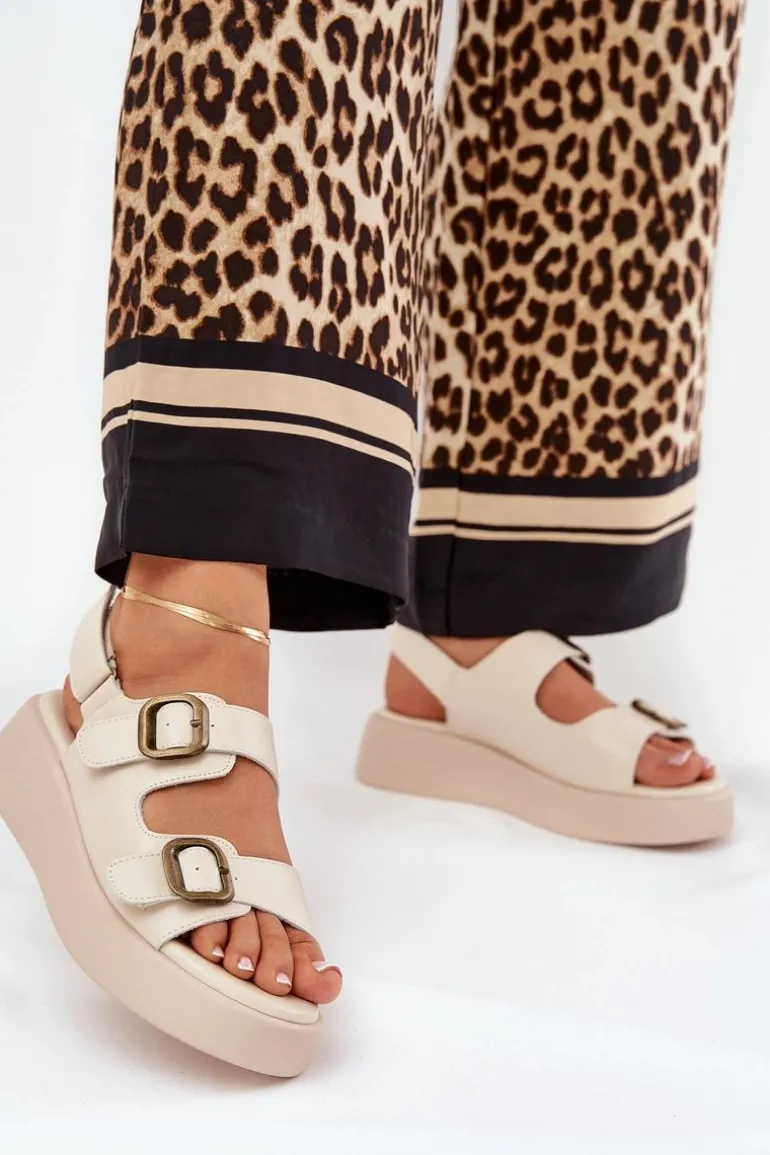 Sandały Damskie Na Platformie I Koturnie Z Klamrami Beżowe Genorre