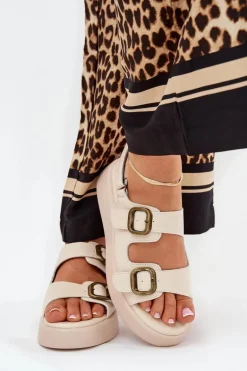Sandały Damskie Na Platformie I Koturnie Z Klamrami Beżowe Genorre