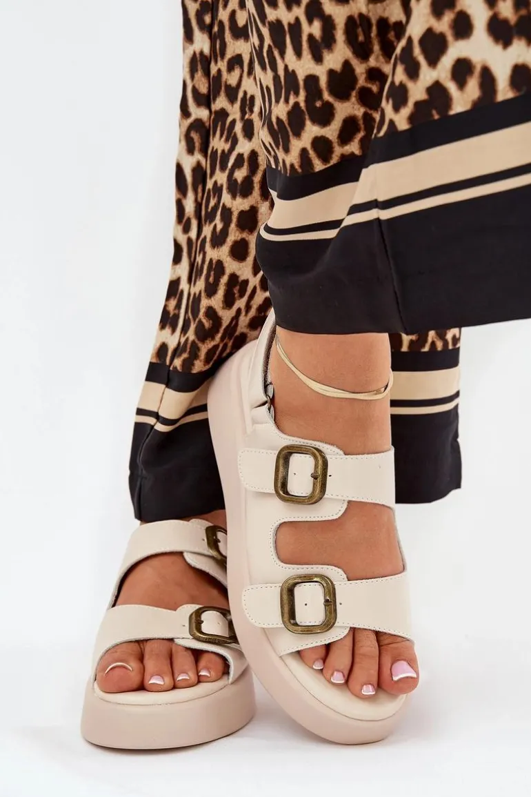 Sandały Damskie Na Platformie I Koturnie Z Klamrami Beżowe Genorre