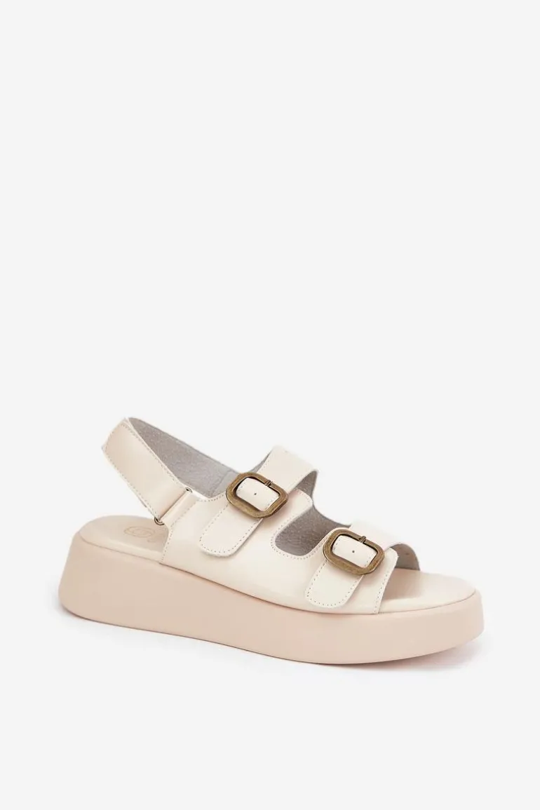 Sandały Damskie Na Platformie I Koturnie Z Klamrami Beżowe Genorre