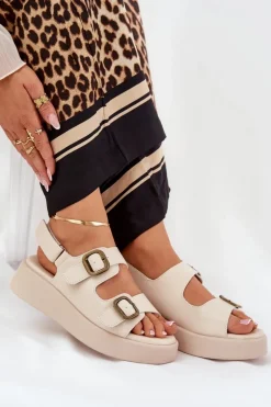 Sandały Damskie Na Platformie I Koturnie Z Klamrami Beżowe Genorre