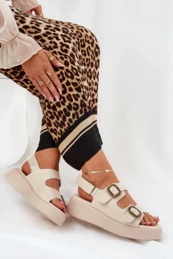 Sandały Damskie Na Platformie I Koturnie Z Klamrami Beżowe Genorre