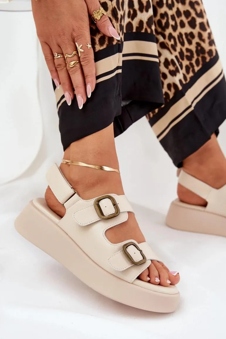 Sandały Damskie Na Platformie I Koturnie Z Klamrami Beżowe Genorre