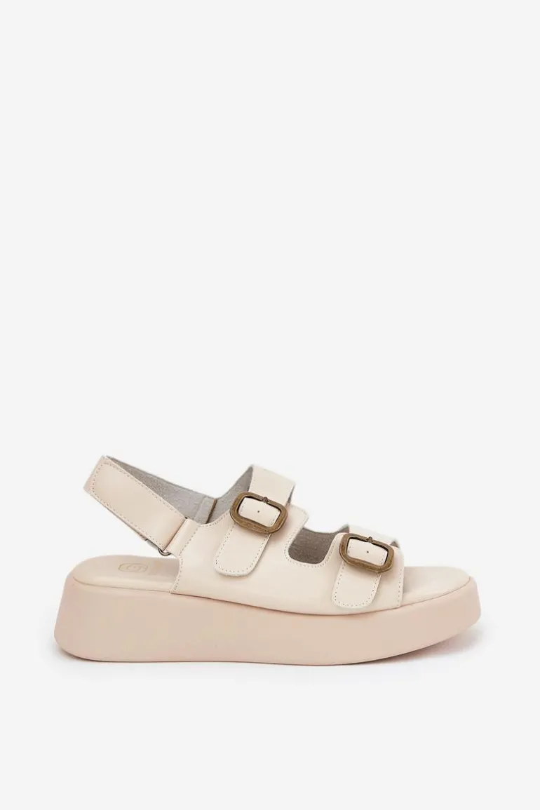 Sandały Damskie Na Platformie I Koturnie Z Klamrami Beżowe Genorre