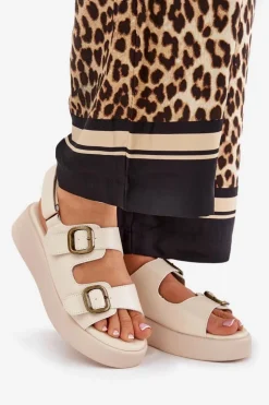 Sandały Damskie Na Platformie I Koturnie Z Klamrami Beżowe Genorre