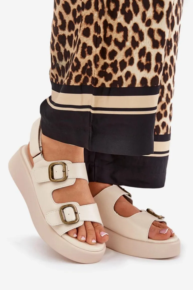 Sandały Damskie Na Platformie I Koturnie Z Klamrami Beżowe Genorre