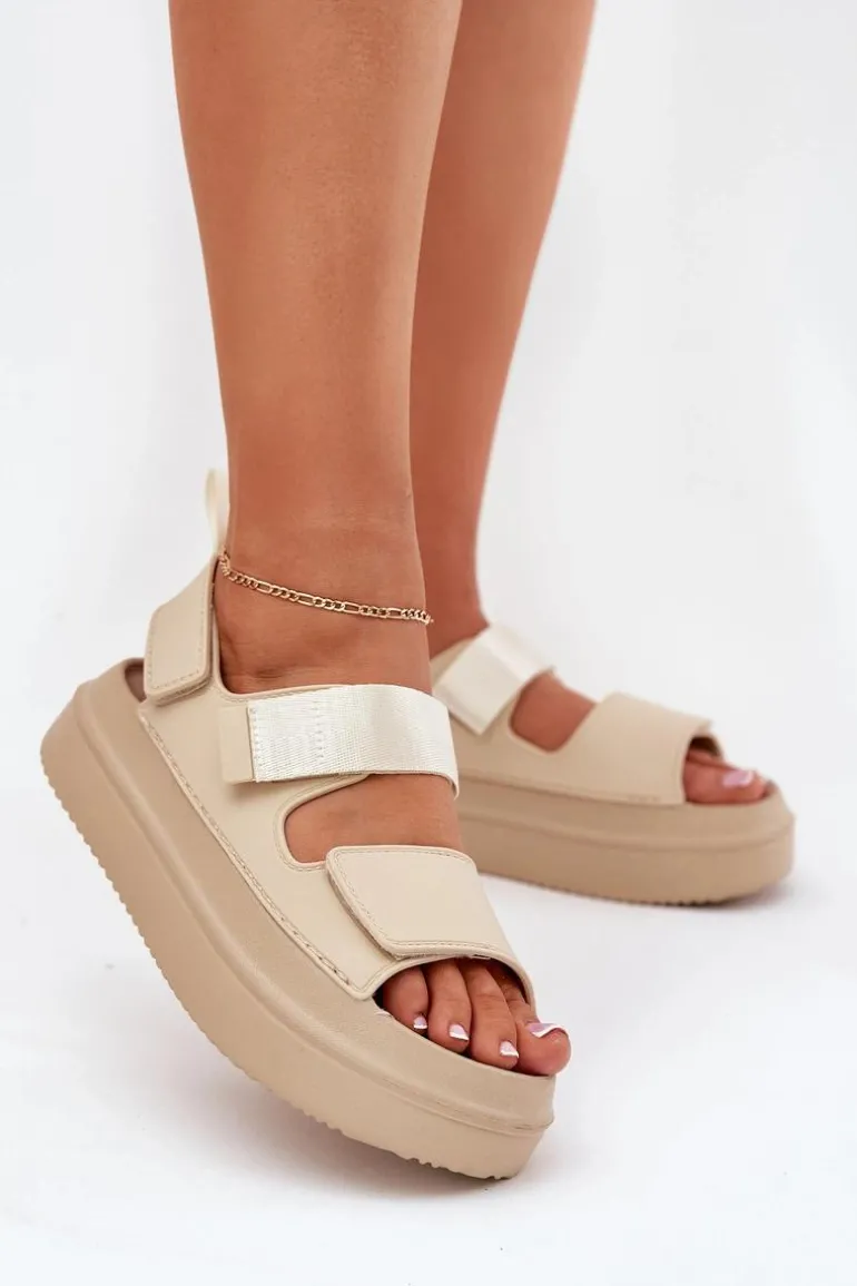 Sandały Damskie Na Platformie Z Rzepami Beżowe Nitepira