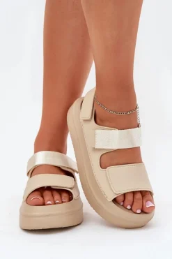 Sandały Damskie Na Platformie Z Rzepami Beżowe Nitepira