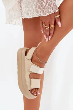 Sandały Damskie Na Platformie Z Rzepami Beżowe Nitepira