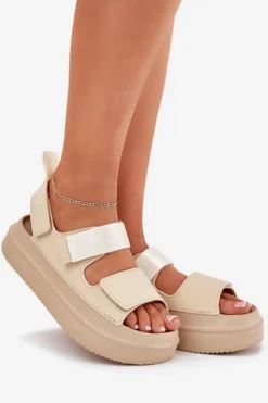 Sandały Damskie Na Platformie Z Rzepami Beżowe Nitepira