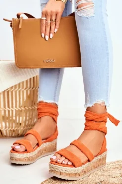 Sandały Damskie Na Platformie Wiązane Pomarańczowe La Favorite