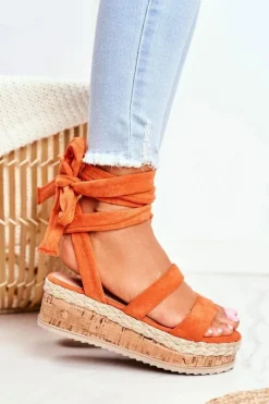 Sandały Damskie Na Platformie Wiązane Pomarańczowe La Favorite
