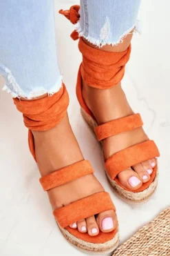 Sandały Damskie Na Platformie Wiązane Pomarańczowe La Favorite