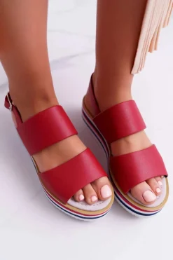Sandały Damskie Na Platformie Czerwone Aurera
