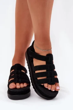 Sandały Damskie Na Platformie Eko Zamszowe Czarne Filisenia