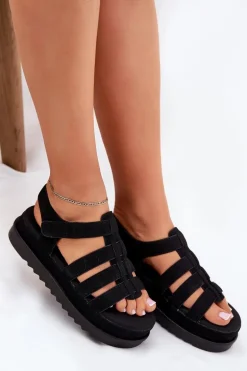 Sandały Damskie Na Platformie Eko Zamszowe Czarne Filisenia