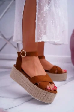 Sandały Damskie Na Platformie Lniane Camel Dafostre