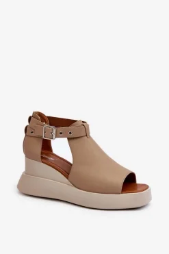 Sandały Damskie Na Platformie I Koturnie Z Eko Skóry Beżowe Hloeli