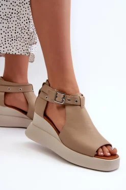 Sandały Damskie Na Platformie I Koturnie Z Eko Skóry Beżowe Hloeli