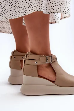 Sandały Damskie Na Platformie I Koturnie Z Eko Skóry Beżowe Hloeli