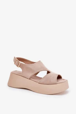 Sandały Damskie Na Platformie Eko Zamszowe Beżowe Karonia