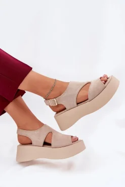 Sandały Damskie Na Platformie Eko Zamszowe Beżowe Karonia