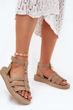 Sandały Damskie Na Platformie Ze Złotym Detalem Khaki Kartia