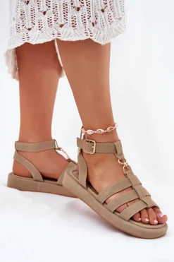 Sandały Damskie Na Platformie Ze Złotym Detalem Khaki Kartia
