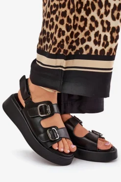 Sandały Damskie Na Platformie I Koturnie Z Klamrami Czarne Genorre