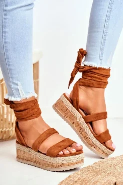 Sandały Damskie Na Platformie Wiązane Camel La Favorite