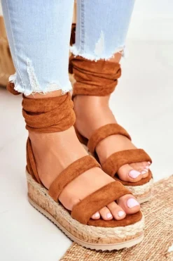 Sandały Damskie Na Platformie Wiązane Camel La Favorite