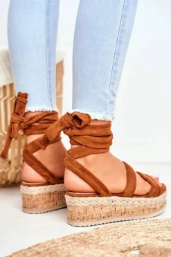 Sandały Damskie Na Platformie Wiązane Camel La Favorite
