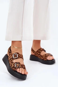 Sandały Damskie Na Platformie I Koturnie Z Klamrami Panterka Brązowe Genorre