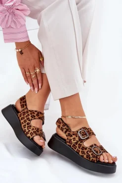 Sandały Damskie Na Platformie I Koturnie Z Klamrami Panterka Brązowe Genorre