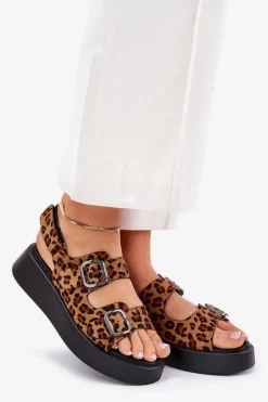 Sandały Damskie Na Platformie I Koturnie Z Klamrami Panterka Brązowe Genorre