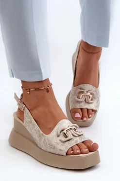 Sandały Damskie Na Platformie I Koturnie Z Ozdobą Złote Janesca