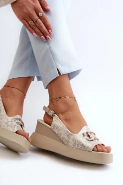 Sandały Damskie Na Platformie I Koturnie Z Ozdobą Złote Janesca