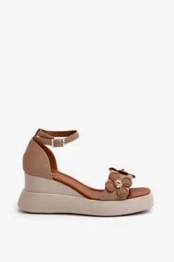 Sandały Damskie Na Platformie I Koturnie Z Kwiatami Beżowe Foviana