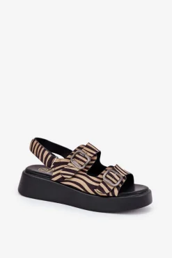 Sandały Damskie Na Platformie I Koturnie Z Klamrami Zebra Beżowo-Czarne Genorre