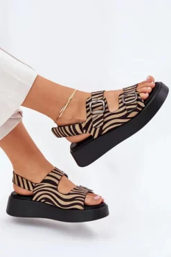 Sandały Damskie Na Platformie I Koturnie Z Klamrami Zebra Beżowo-Czarne Genorre