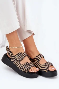 Sandały Damskie Na Platformie I Koturnie Z Klamrami Zebra Beżowo-Czarne Genorre