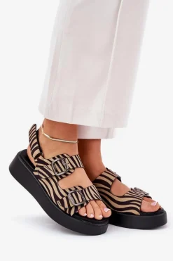 Sandały Damskie Na Platformie I Koturnie Z Klamrami Zebra Beżowo-Czarne Genorre