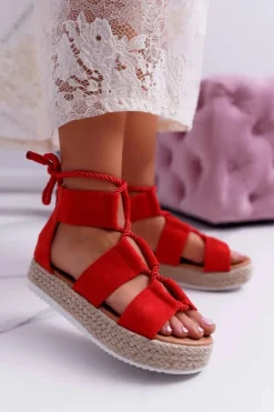 Sandały Damskie na Platformie Zamszowe Czerwone Ergola