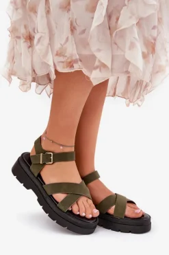 Sandały Damskie Na Platformie Z Eko Skóry Ciemnozielone Gevinniser