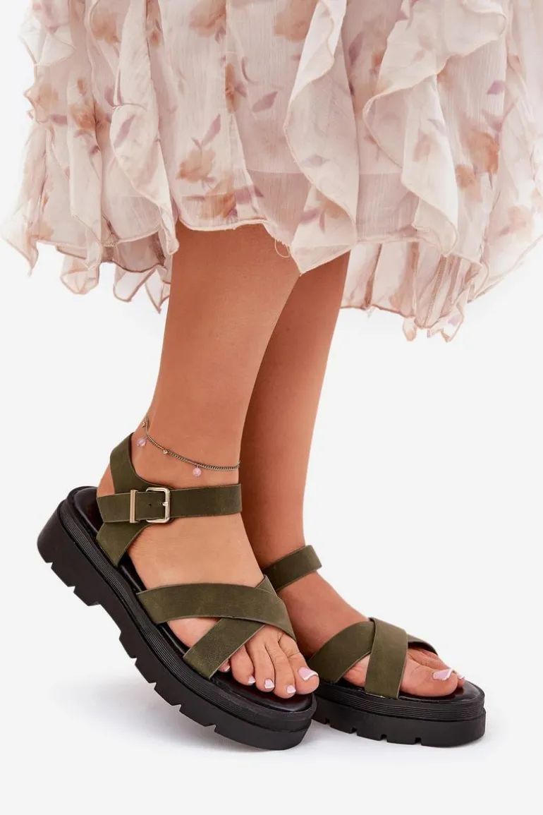 Sandały Damskie Na Platformie Z Eko Skóry Ciemnozielone Gevinniser