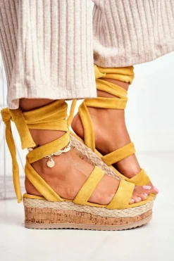 Sandały Damskie Na Platformie Wiązane Żółte La Favorite