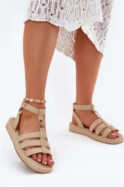 Sandały Damskie Na Platformie Ze Złotym Detalem Beżowe Kartia
