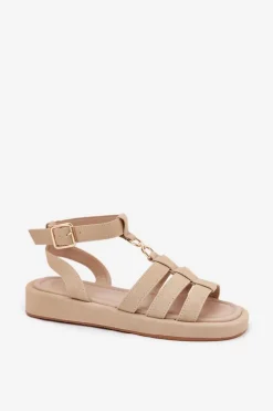 Sandały Damskie Na Platformie Ze Złotym Detalem Beżowe Kartia
